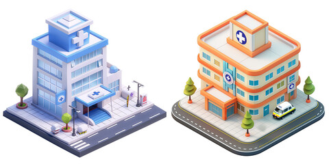 set of cute hospital building. 3D cartoon animation style