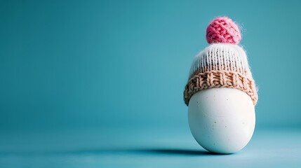 Easter card white egg in knitted wool colored hat on blue background