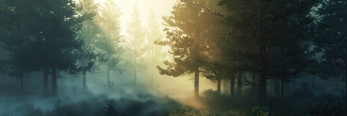 Aufkleber - Dawn in a peaceful forest, sunlight filtering through the trees and mist, ideal for eco-friendly and conservation projects. Generative AI