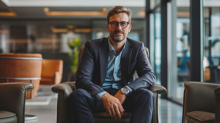 Poster - portrait of a businessman sitting at chair in modern office waiting area for a business meeting 