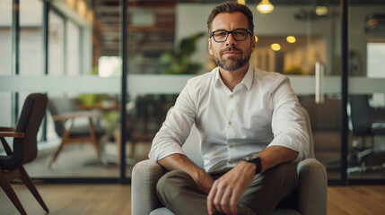Poster - portrait of a businessman sitting at chair in modern office waiting area for a business meeting 