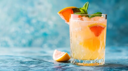 Glass of fresh paloma cocktail on bright blue background