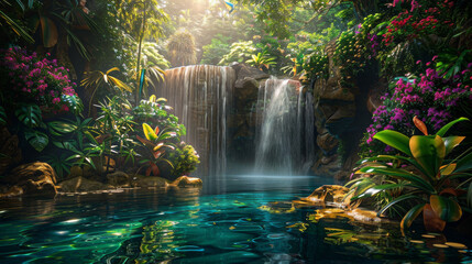 tropical waterfall cascading into clear pool