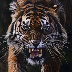 Wall Mural - Angry tiger,Sumatran tiger (Panthera tigris sumatrae) beautiful animal and his portrait. 