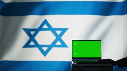 Poster - Israel air defense command operator conscript using radar on green screen laptop to detect incoming missiles. IDF army soldier scanning rockets and deploying shields with mockup notebook, camera B