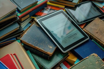 Aufkleber - A close-up image of tablets and e-readers displaying educational materials and e-textbooks. The image represents the shift to digital learning and modern education. Generative AI