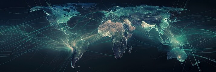 Aufkleber - A minimalist illustration of a world map with glowing lines representing travel routes. Ideal for travel agencies and global booking services. Generative AI