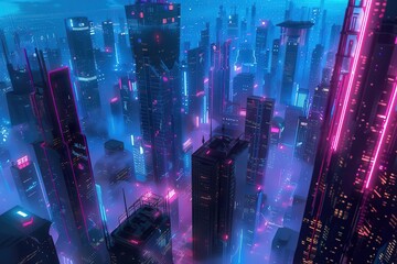 Wall Mural - futuristic cityscape at twilight glowing neon lights illuminate sleek skyscrapers digital art