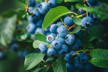 Wall Mural - Ripe blueberries growing on a blueberry bush surrounded by green leaves