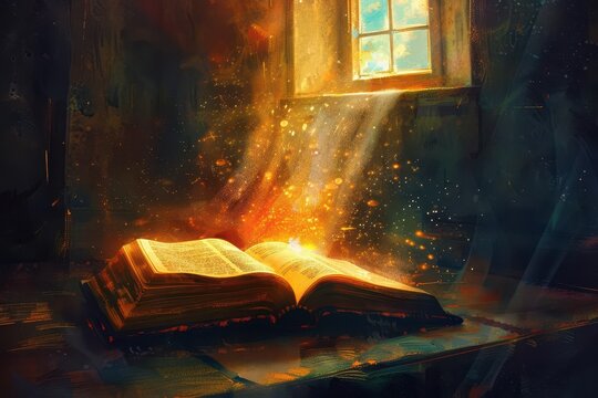 glowing bible book with divine light in church open holy scripture pages religious concept digital painting