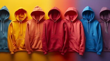 Various hoodies spread out on a colorful background with high resolution, vibrant hues and detailed textures