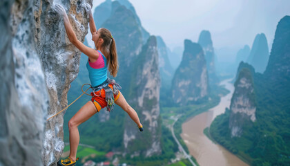 Wall Mural - A rock climber climbing the walls of Guilin, with its picturesque mountains and rivers in the background