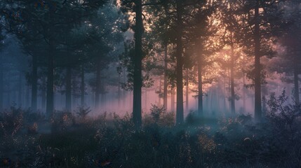 Poster - A tranquil forest scene at dawn, with golden sunlight breaking through the trees and casting a warm glow on the mist. Generative AI