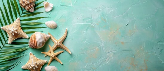 Sticker - Starfish and shells arranged on a turquoise board background with a palm leaf shadow, featuring space for text