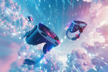 Poster - Two VR headsets float in a vibrant, digital sky filled with swirling clouds and streaks of light, symbolizing immersive experiences and advanced technology. Generative AI