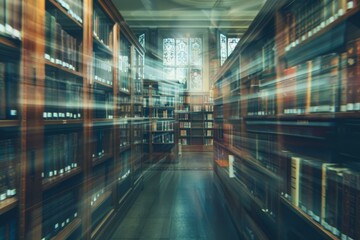 Poster - Library interior with bookshelves creating motion blur effect