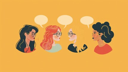 Wall Mural - Women discussing travel plans and business ideas in group conversation with speech bubbles, illustration