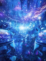 Wall Mural - A captivating image depicting a breathtaking virtual reality landscape, with VR headsets and AR glasses immersed in a mesmerizing digital world. Generative AI