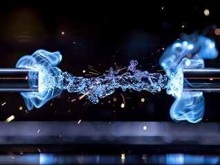 Poster - Striking Blue Electric Sparks Jumping Between Metal Rods on Dark Background