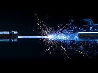 Poster - Blue electric sparks jumping between two metal rods on black background electric current concept
