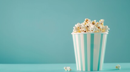 Popcorn in paper cup on blue desk