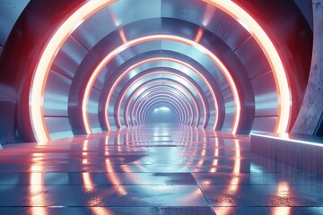 Wall Mural - Futuristic metallic corridor with glowing red and blue neon lights. Perfect background for sci-fi, gaming, or technology designs. Explore themes of metaverse, cyberpunk, and digital worlds.