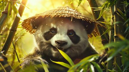 giant panda eating bamboo, smiling panda