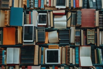 Leinwandbilder - Tablets and e-readers displaying educational materials and e-textbooks alongside traditional textbooks, representing the blend of modern and traditional learning. Generative AI