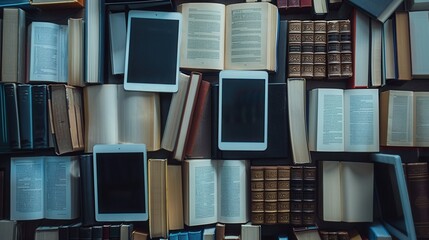 A collection of tablets and e-readers displaying educational materials and e-textbooks against a background of traditional books. Generative AI