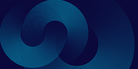 Abstract blue glowing geometric lines on dark blue background. Modern shiny blue circle lines pattern. Futuristic technology concept. Suit for cover, poster, banner, brochure, header, website line