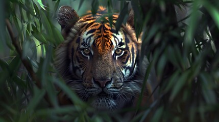 beautiful bengal tiger with lush green habitat background.