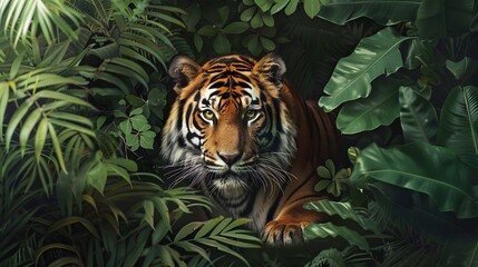 beautiful bengal tiger with lush green habitat background.
