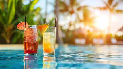 Two cocktail drinks by a tropical resort swimming pool