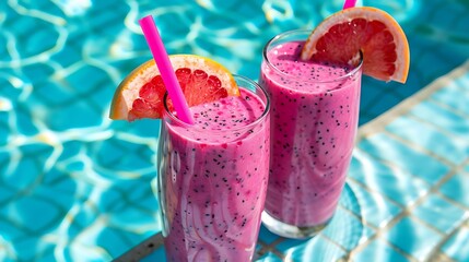 Two glasses with red dragon fruit and grapefruit smoothie on edge of swimming pool