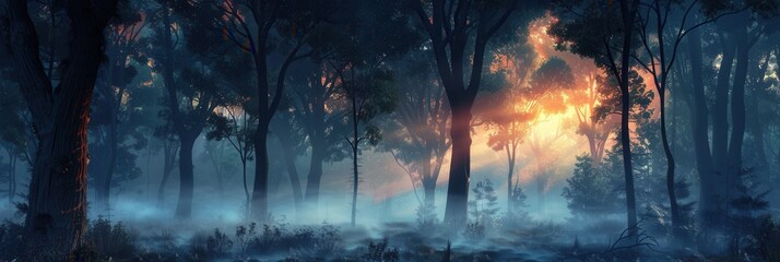 Poster - A serene forest scene at dawn, with mist and sunlight creating a mystical atmosphere. Generative AI