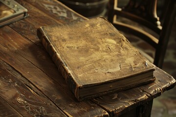 Poster - Antique book with a worn leather cover is laying on a weathered wooden table, evoking a sense of history and knowledge