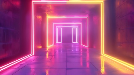 Wall Mural - yellow pink squares neon light blank frames abstract ultraviolet background glowing lines portal vibrant colors empty virtual windows