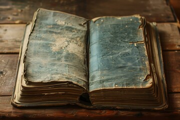 Poster - Antique book with yellowed pages lying open on a rustic wooden table, showing its age and wear