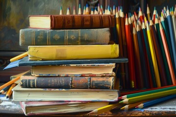Poster - colorful crayons are framing a stack of old books evoking a creative learning atmosphere