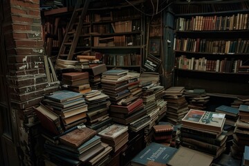 Poster - Stacks of vintage hardback books with worn covers fill a vintage bookstore