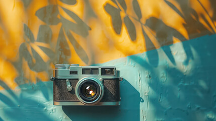 Vintage camera professional hobby on beautiful background. The World Photography Day concept image