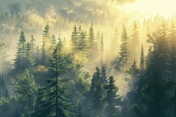 Poster - A serene forest landscape at dawn, with trees bathed in the first morning rays, and a mystical mist adding to the natural beauty. Generative AI