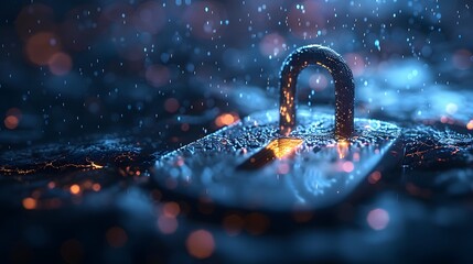 Wall Mural - 3D-rendered digital padlock on a dark blue background with floating data particles, representing cyber security