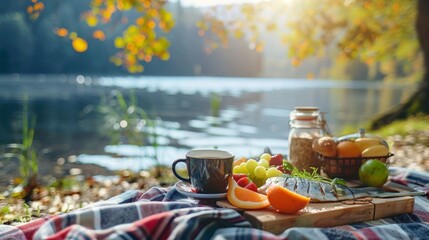 Wall Mural - A cozy picnic breakfast by the lake complete with a variety of freshly caught fish fruit and coffee.