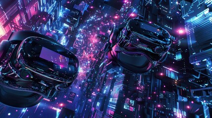 Poster - VR headsets and AR glasses are immersed in a vibrant digital world, showcasing the immersive nature of virtual reality technology. Generative AI