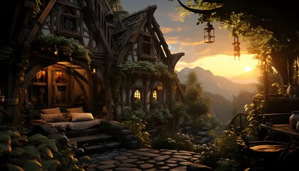 Wall Mural - Fantasy landscape with wooden house and mountains at sunset. 3d illustration