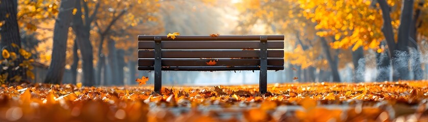 Cozy Autumn Park Bench Surrounded by Vibrant Fallen Leaves Serene and Inviting Outdoor Scene