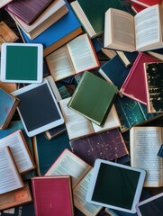 A close-up image showcasing tablets and e-readers displaying educational materials and e-textbooks, alongside traditional paper books. Generative AI