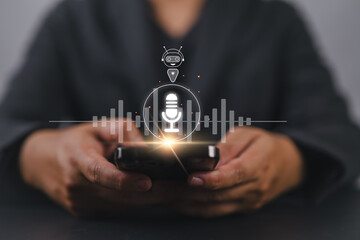 Aufkleber - Voice Recording and Use AI Enabled Internet Search for Easy Access to Information. Businessman using smartphone with voice icon on virtual screen for conversation with AI chatbot.