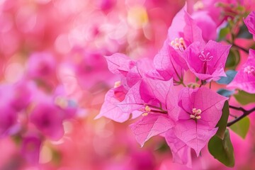 Wall Mural - Close up of pink bougainvillea flowers blooming on a blurred background